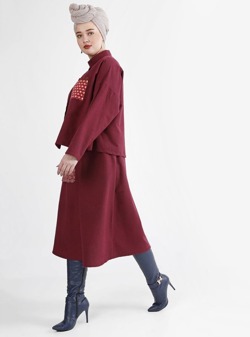 Nesrin Emniyetli Bordo Etek&Bluz İkili Takım