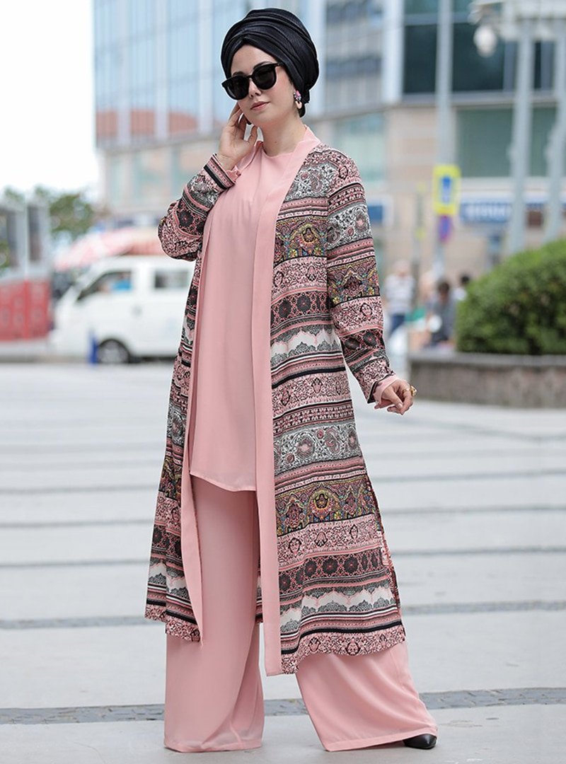 Nesrin Emniyetli Pudra Etnik Kimono&Pantolon İkili Takım
