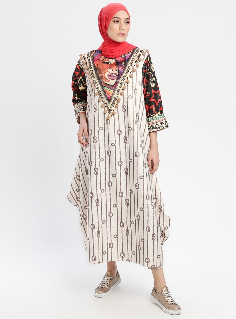 Ajal Karışık Renkli Etnik Desenli Salaş Elbise