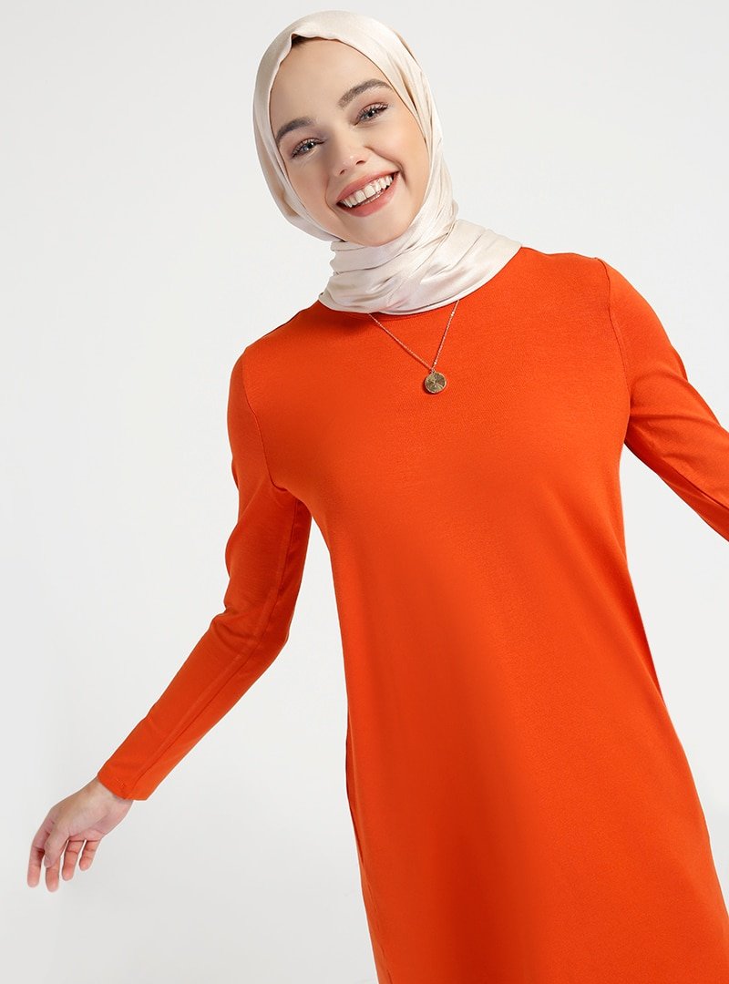 Everyday Basic Koyu Turuncu 85 cm Doğal Kumaşlı Basic Tunik