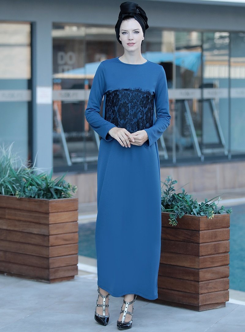 Selma Sarı Design İndigo Önü Tül Detaylı Elbise
