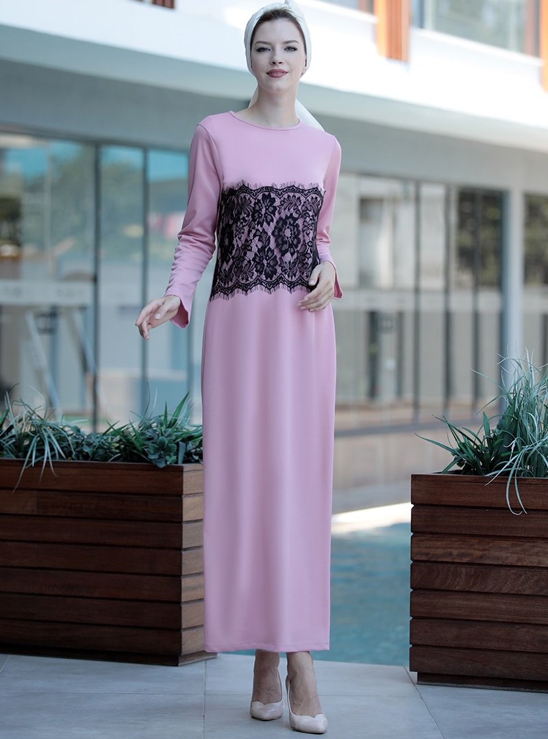 Selma Sarı Design Pudra Önü Tül Detaylı Elbise