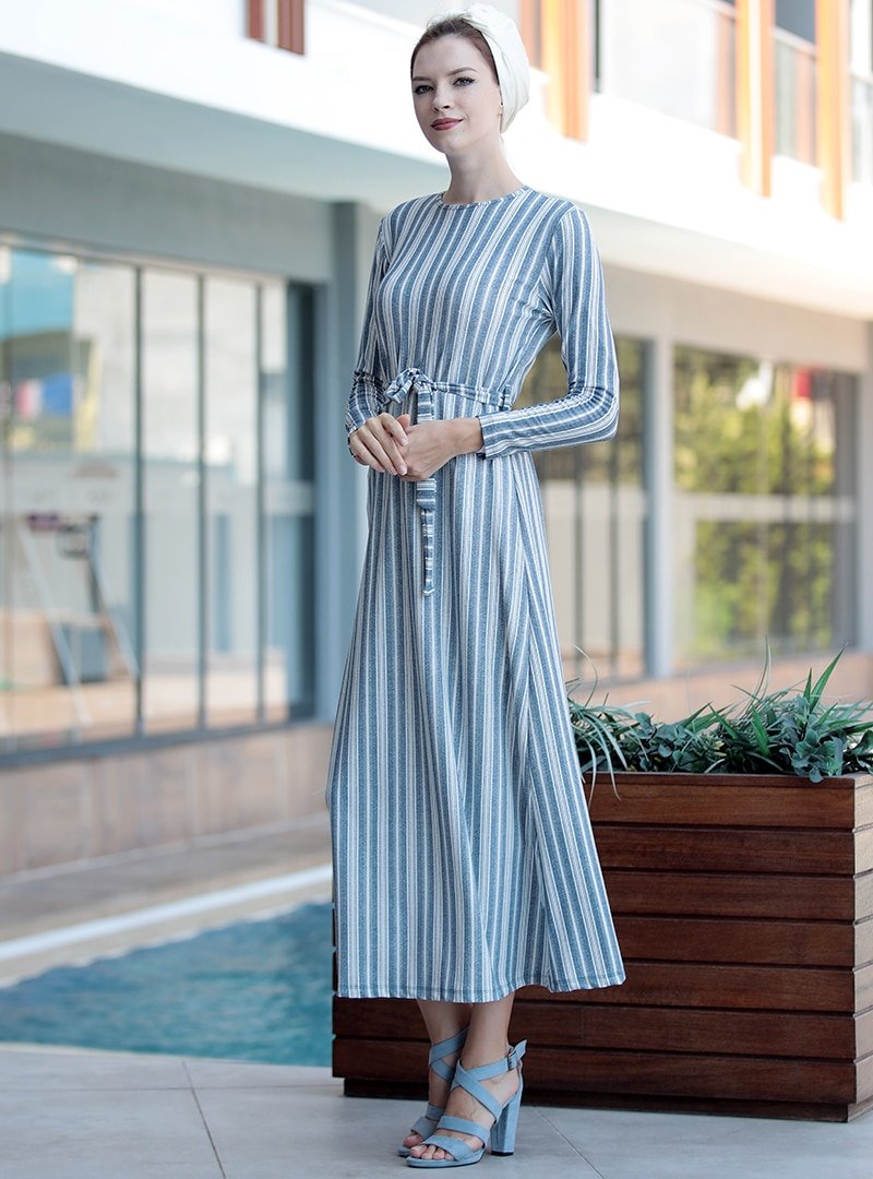 Selma Sarı Design Mavi Rahat Kesim Likralı Çizgili Elbise