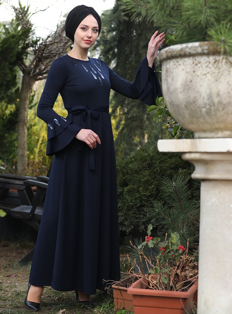 İnşirah Lacivert İspanyol Kol Elbise