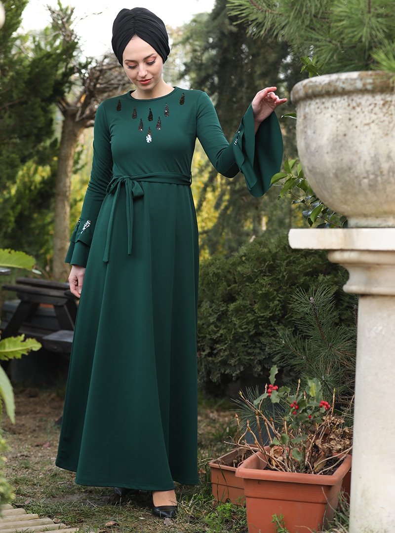 İnşirah Zümrüt Yeşili İspanyol Kol Elbise