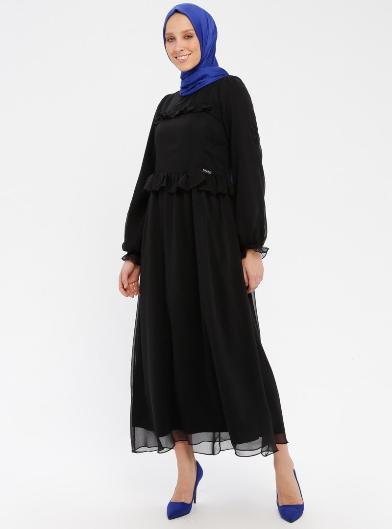 SOFMINA Siyah Fırfırlı Elbise