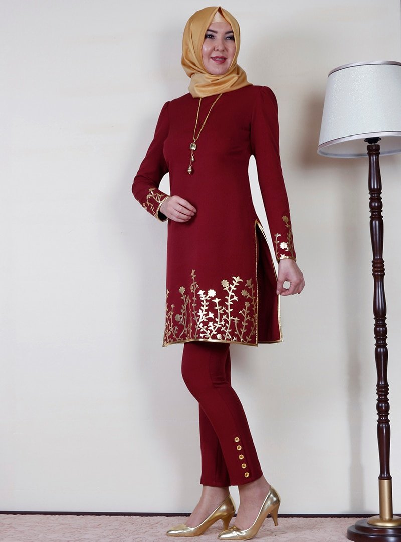 AYŞE MELEK TASARIM Bordo Eteği Çiçekli Abiye Elbise Tunik&Pantolon İkili Takım