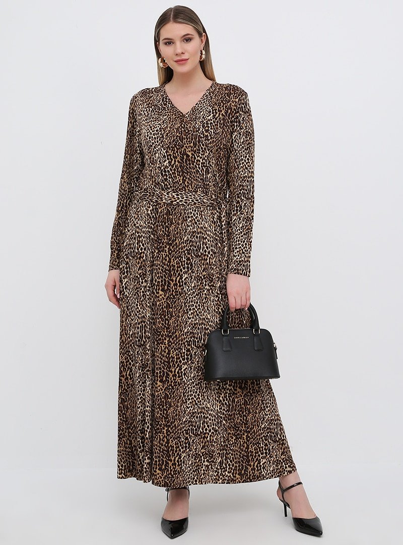 Alia Kahverengi Leopar Desenli Elbise
