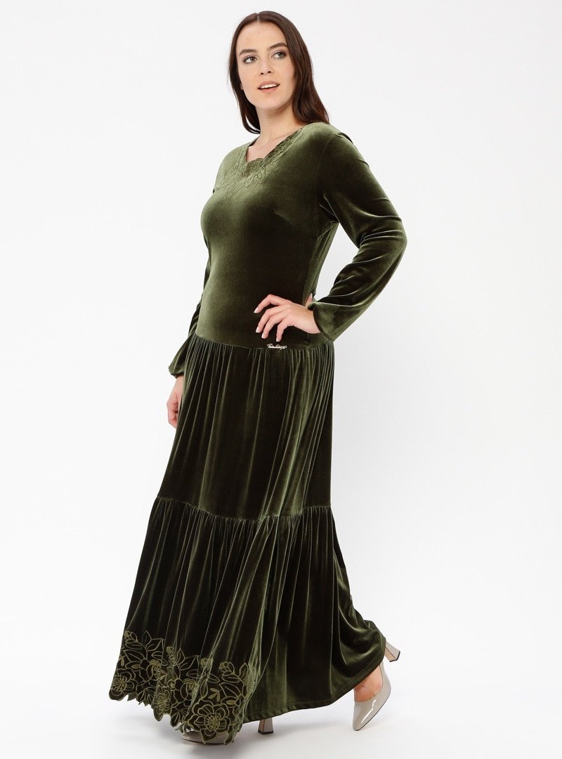 Le Mirage Yağ Yeşili Kadife Abiye Elbise