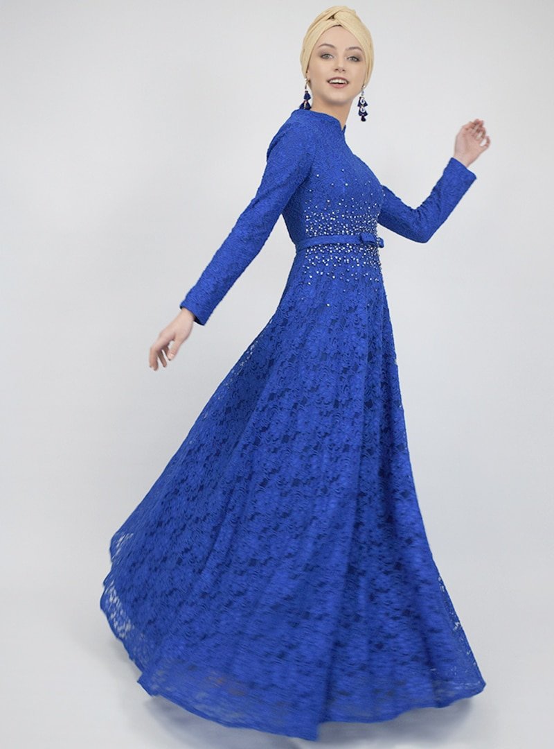 Sew&Design Saks İşlemeli Dantel Abiye Elbise
