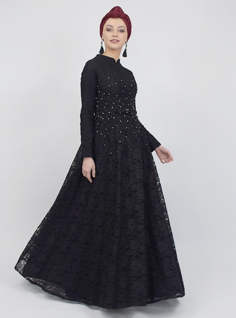 Sew&Design Siyah İşlemeli Dantel Abiye Elbise