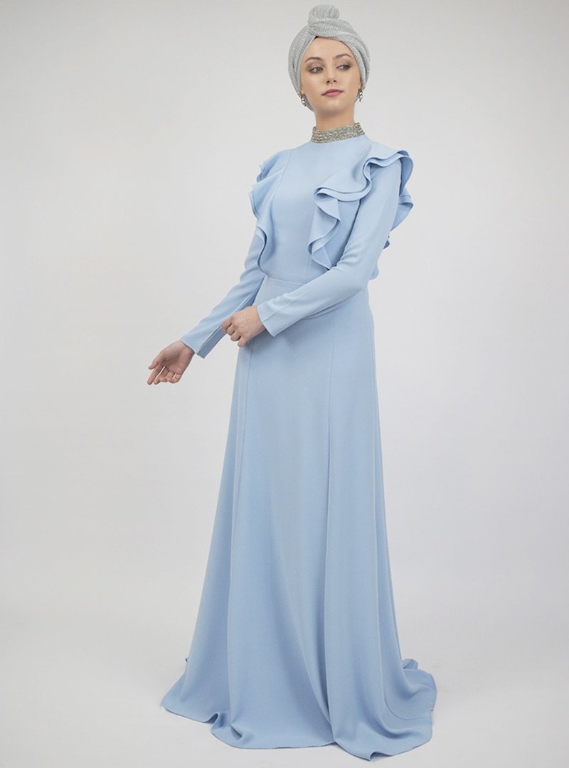 Sew&Design Bebe Mavi İşlemeli Krep Abiye Elbise