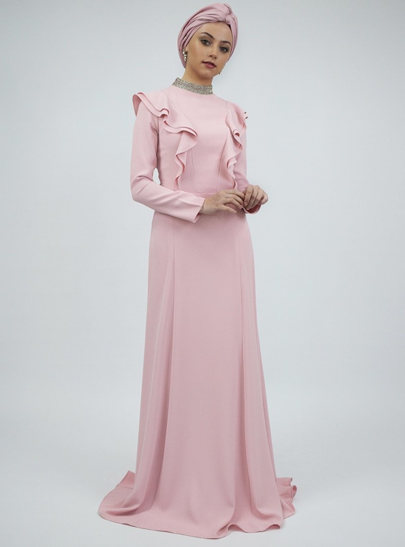Sew&Design Pembe İşlemeli Krep Abiye Elbise