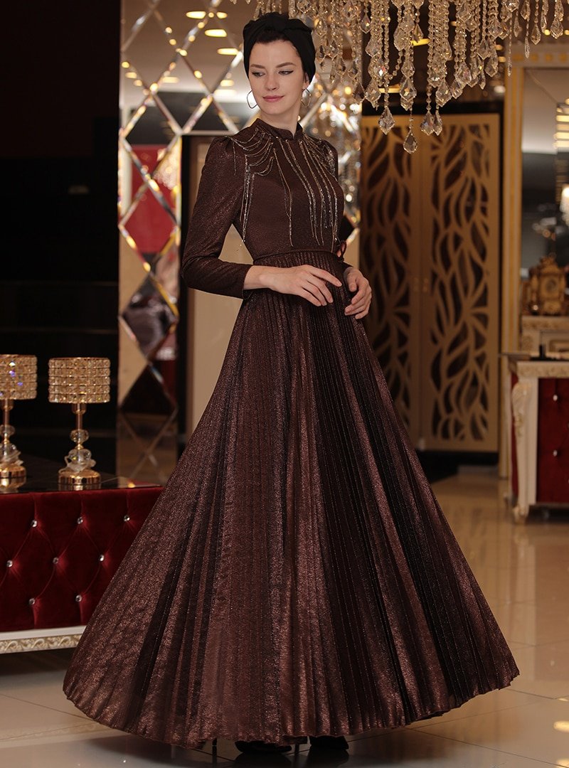 Selma Sarı Design Bronz Piliseli Abiye Elbise