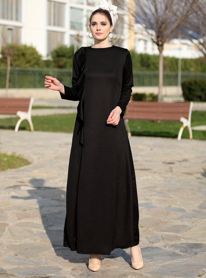 Selma Sarı Design Siyah Valon Detaylı Düz Elbise