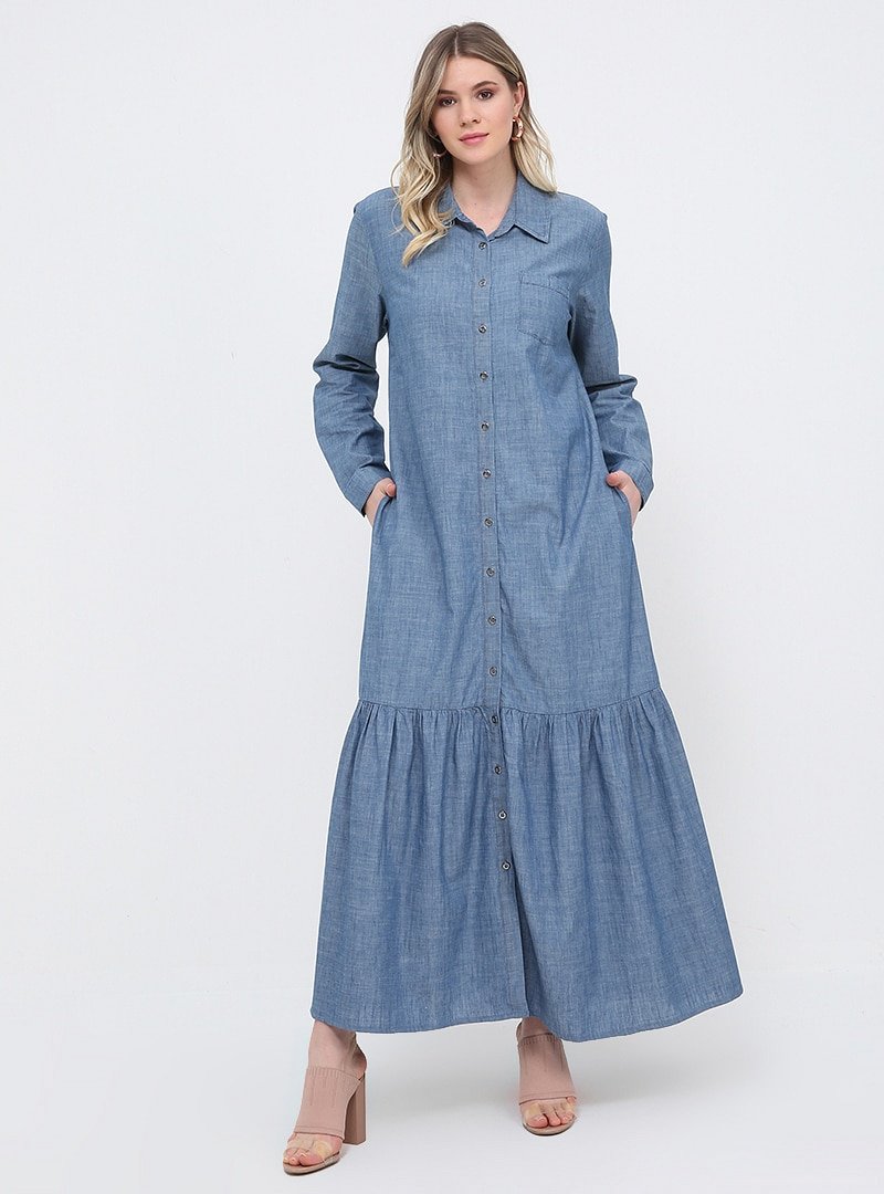 Alia Koyu Mavi Doğal Kumaşlı Kot Elbise