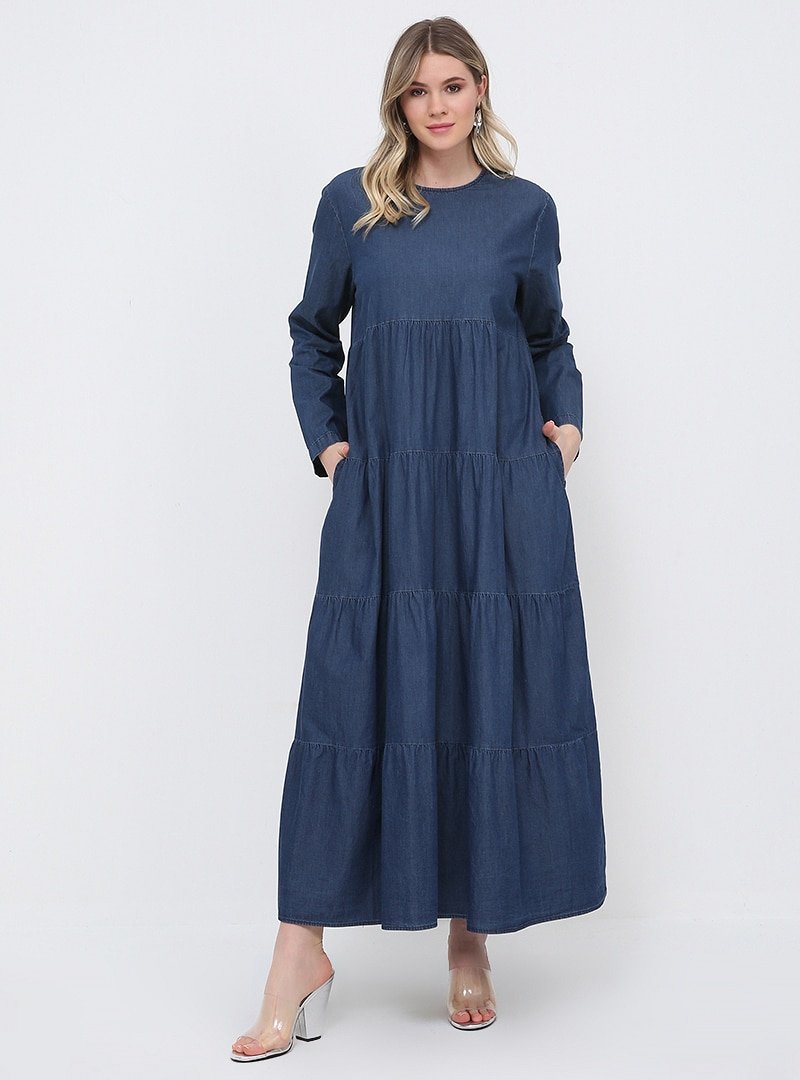 Alia Koyu Mavi Doğal Kumaşlı Kot Elbise