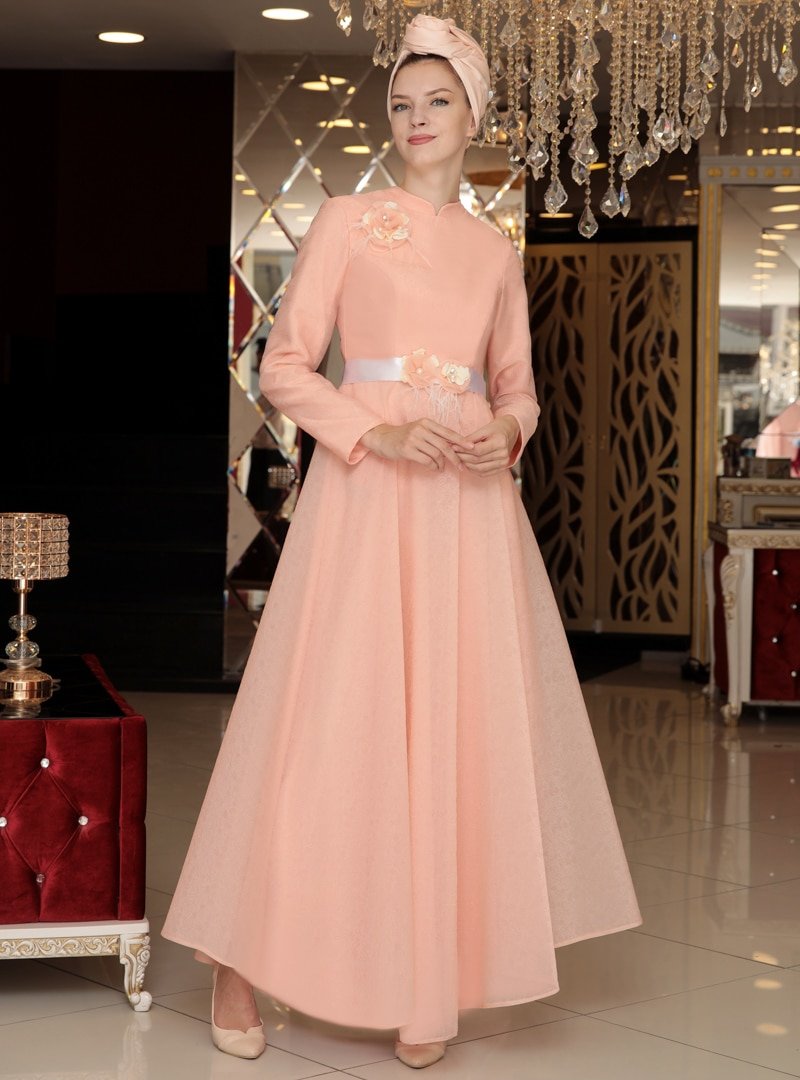 Selma Sarı Design Somon Su Abiye Elbise
