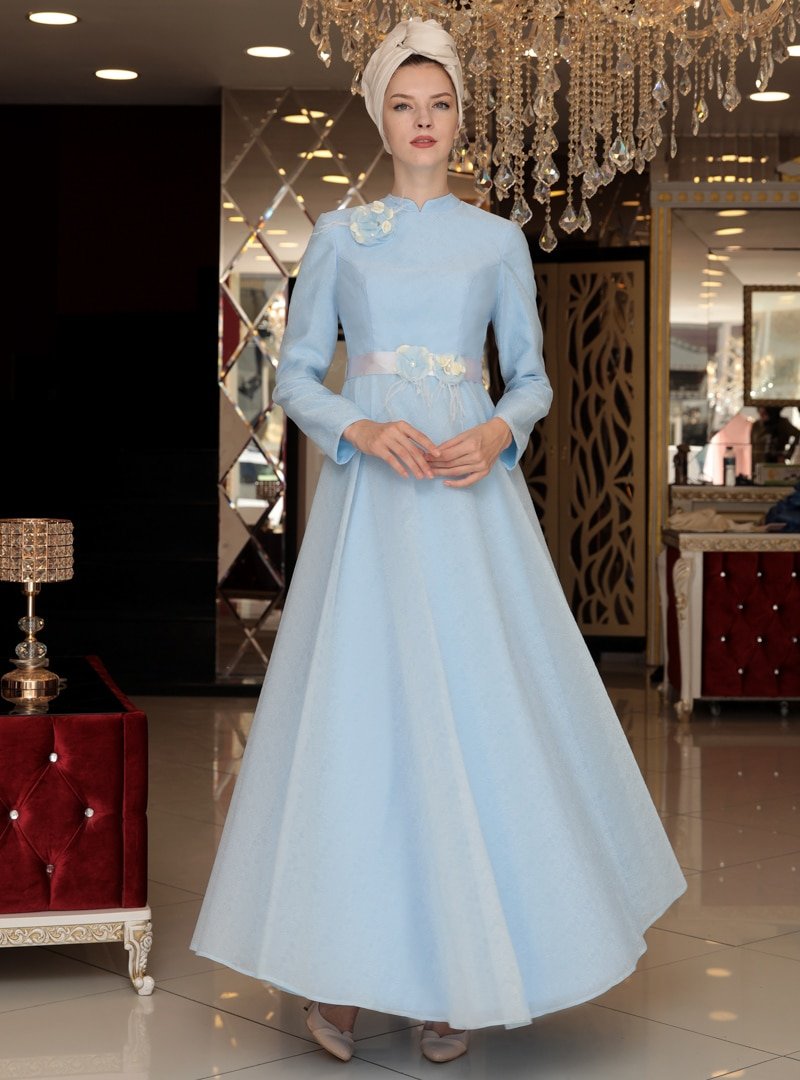 Selma Sarı Design Bebe Mavisi Su Abiye Elbise