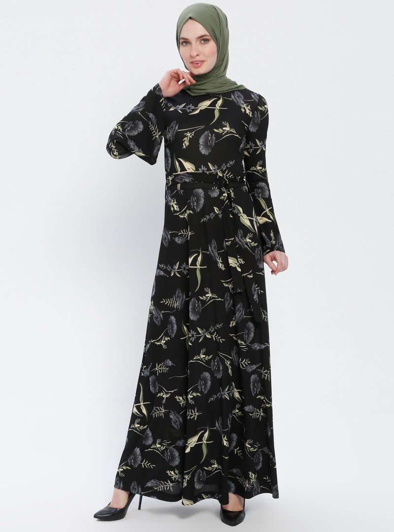 Miss Cazibe Siyah Yeşil Desenli İspanyol Kol Elbise
