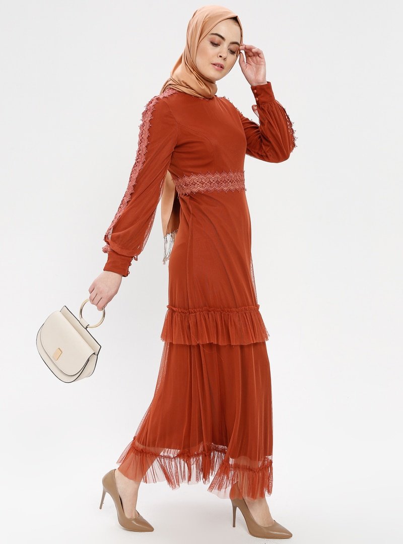 Loreen By Puane Kiremit Güpür Detaylı Tüllü Elbise