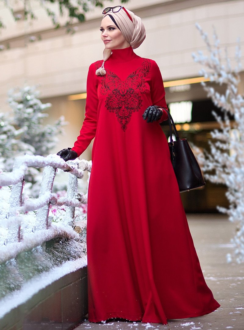 Muslima Wear Kırmızı Diadema Crystal Abiye Elbise