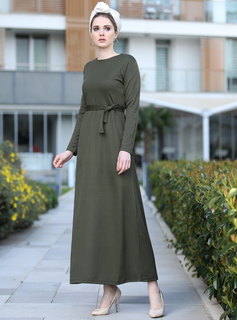 Selma Sarı Design Haki Düz Basic Likralı Elbise
