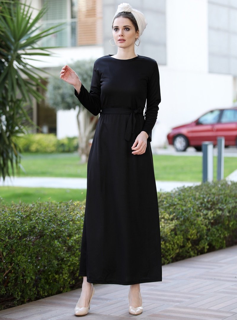 Selma Sarı Design Siyah Düz Basic Likralı Elbise