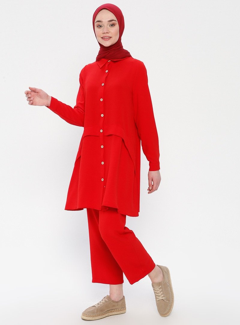 Panaline Kırmızı Düğmeli Tunik&Pantolon İkili Takım