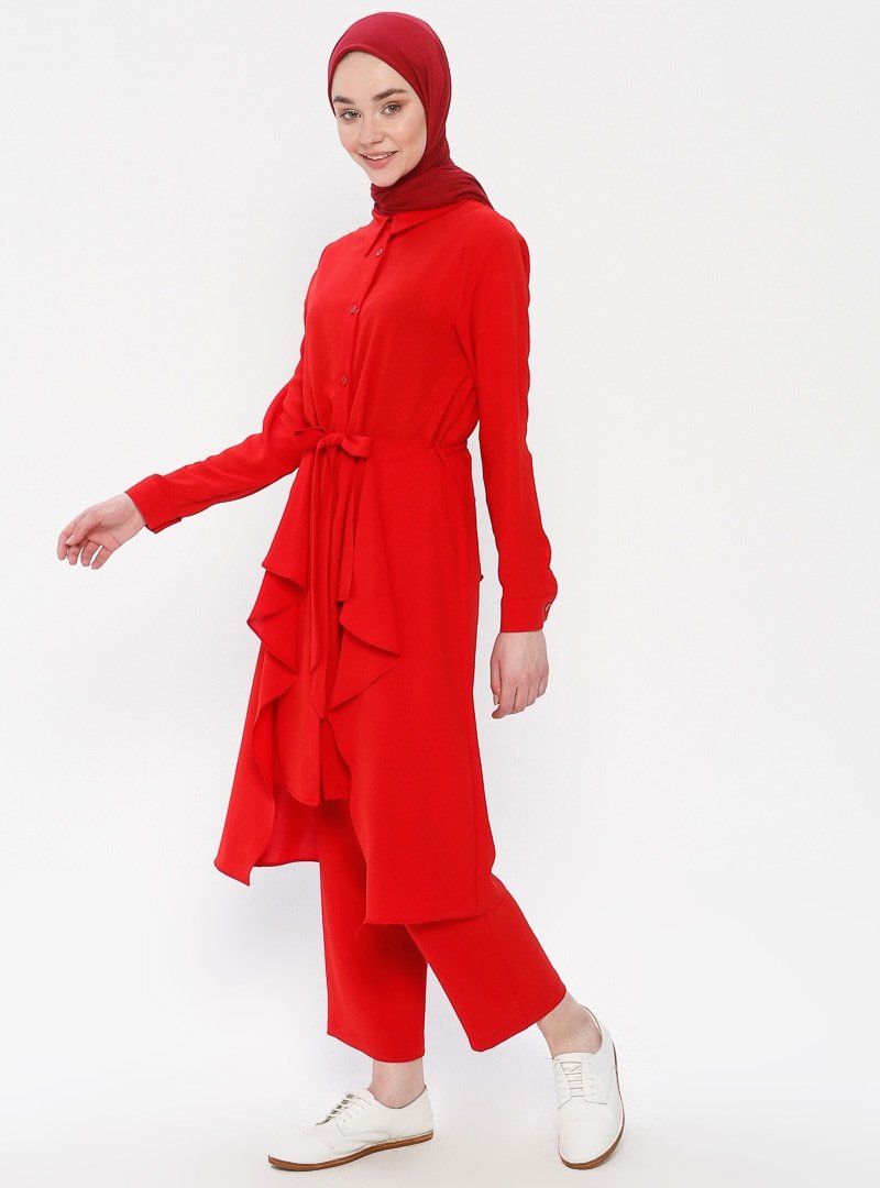 Panaline Kırmızı Düğmeli Tunik&Pantolon İkili Takım