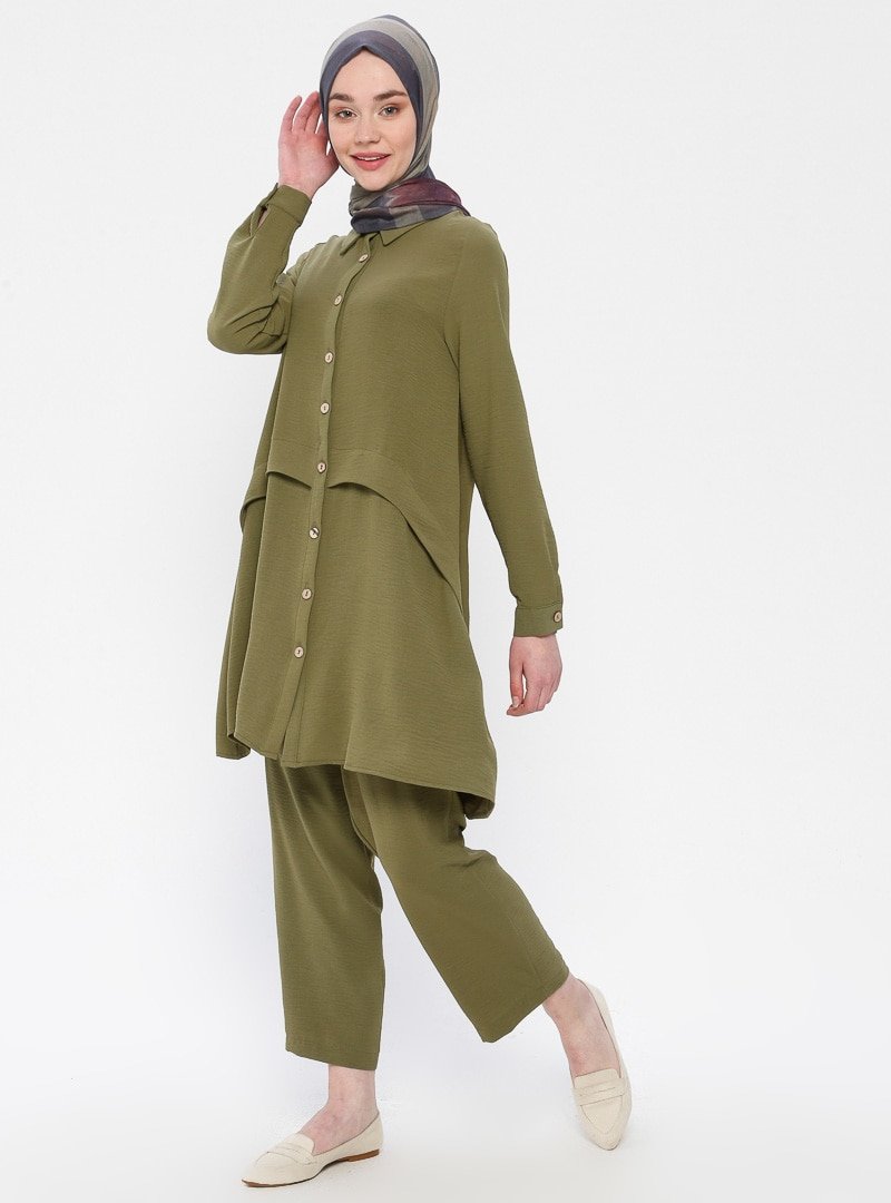 Panaline Yeşil Düğmeli Tunik&Pantolon İkili Takım