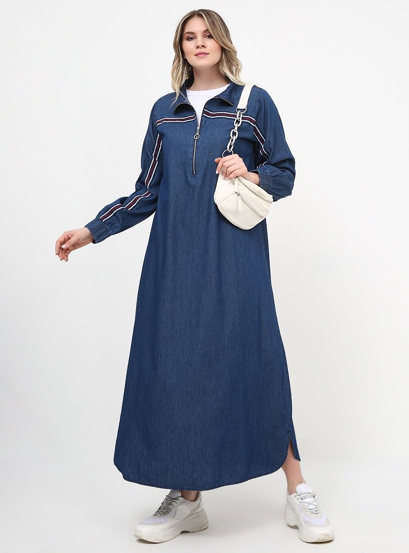 Alia Mavi Yakası Fermuarlı Kot Elbise