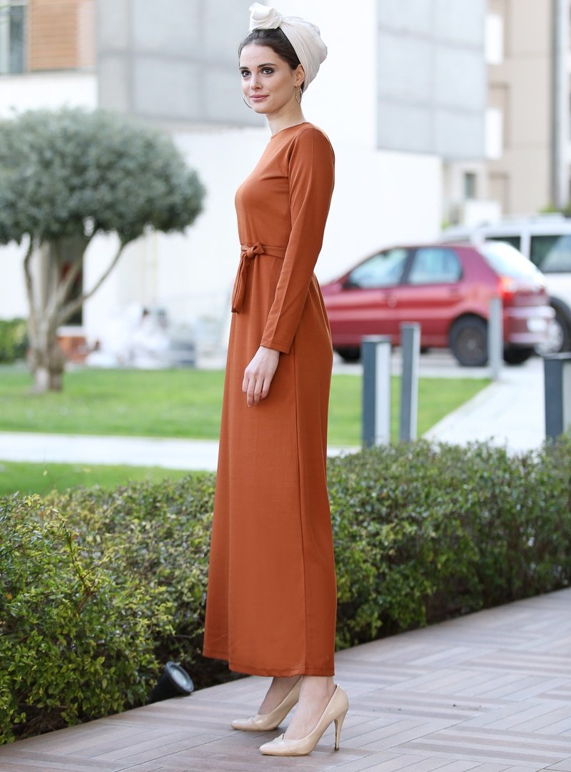 Selma Sarı Design Kiremit Düz Basic Likralı Elbise