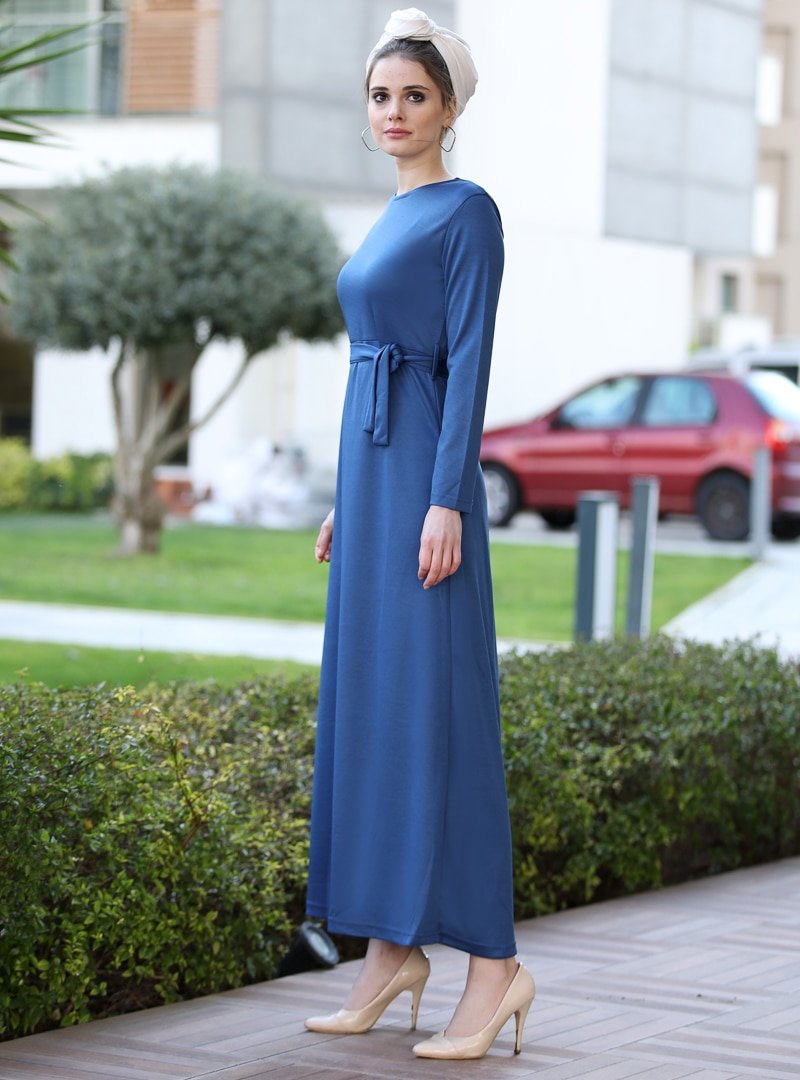 Selma Sarı Design İndigo Düz Basic Likralı Elbise