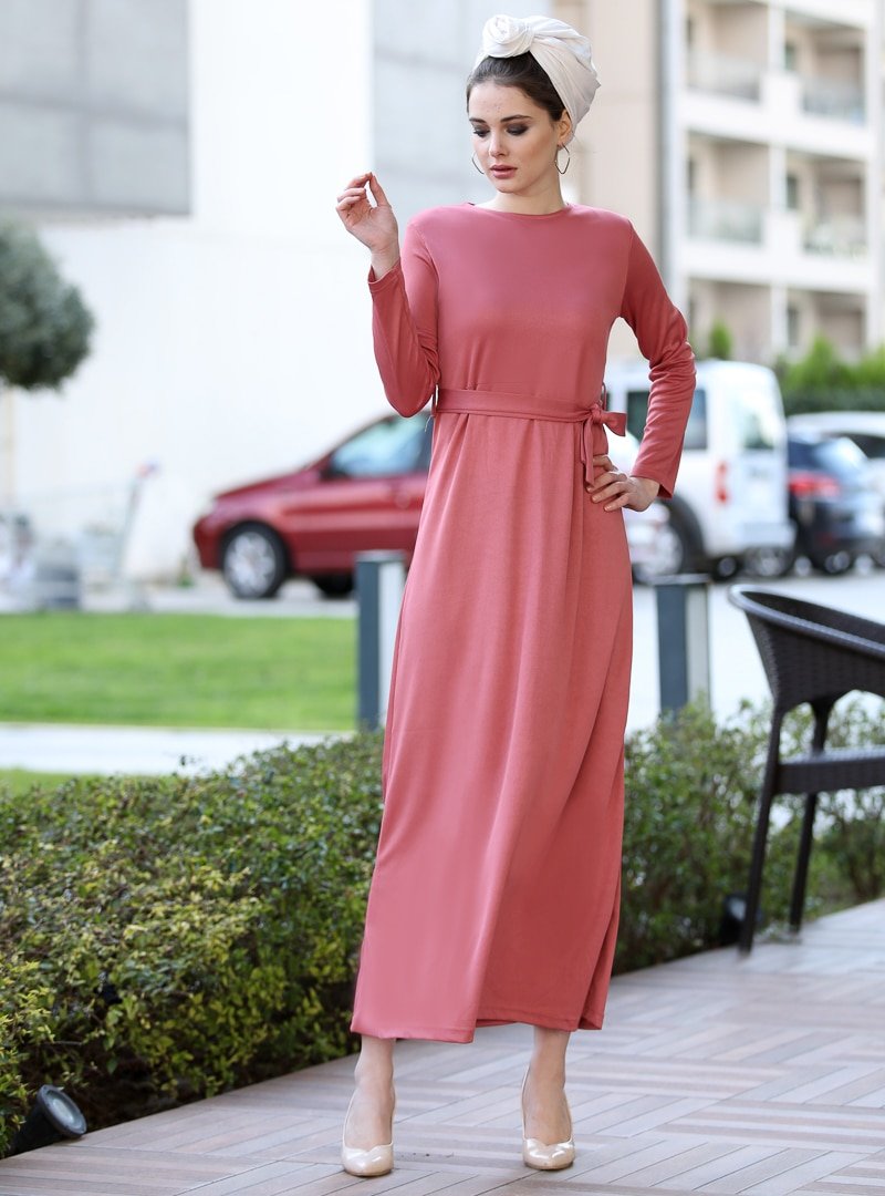 Selma Sarı Design Pudra Düz Basic Likralı Elbise