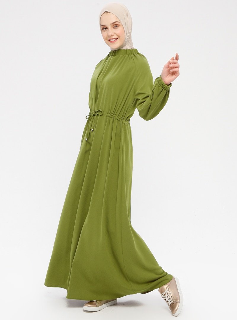 Mia Line Yeşil Beli Bağcıklı Elbise