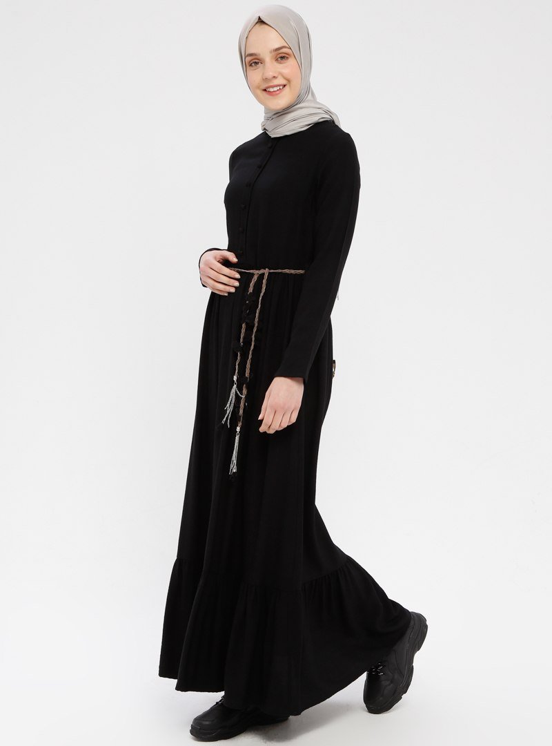 Mia Line Siyah Fırfır Detaylı Elbise