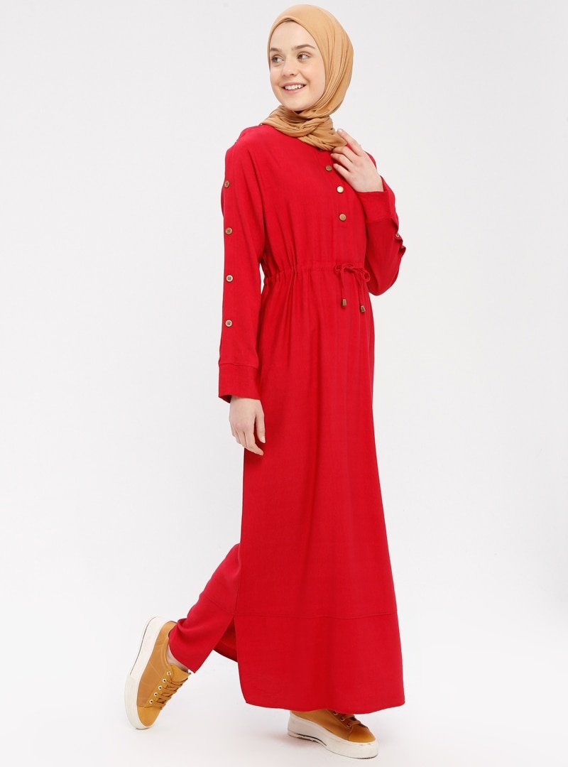 Mia Line Kırmızı Düğme Detaylı Elbise