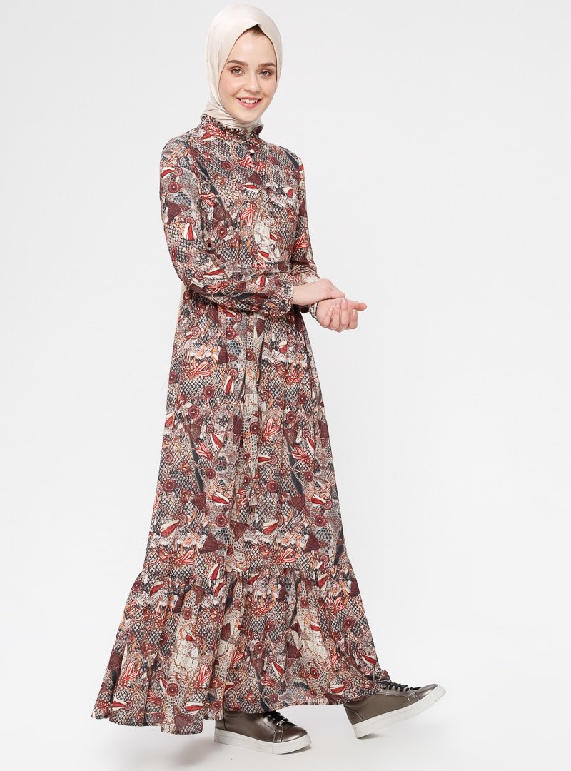 Mia Line Vizon Kuşak Detaylı Desenli Elbise
