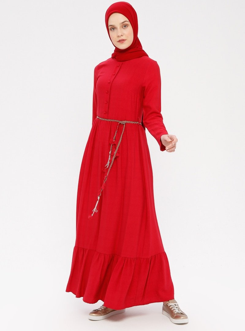 Mia Line Kırmızı Fırfır Detaylı Elbise