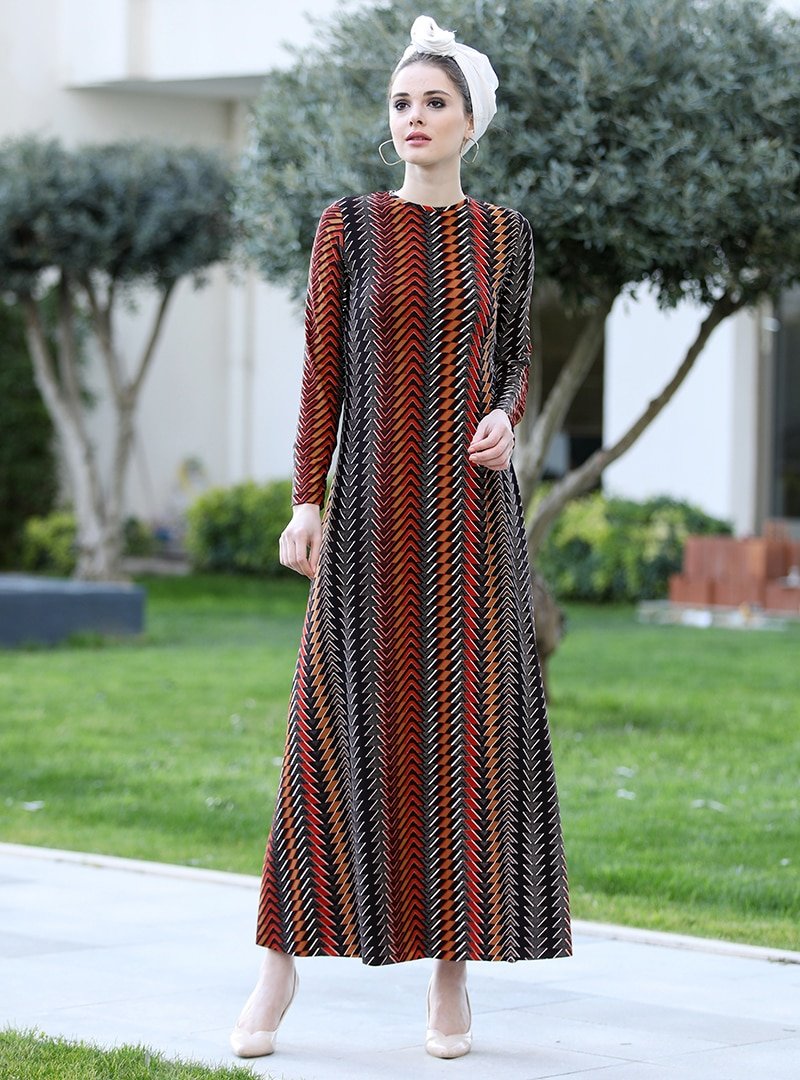 Selma Sarı Design Kiremit Zikzak Desenli Düz Kesim Elbise