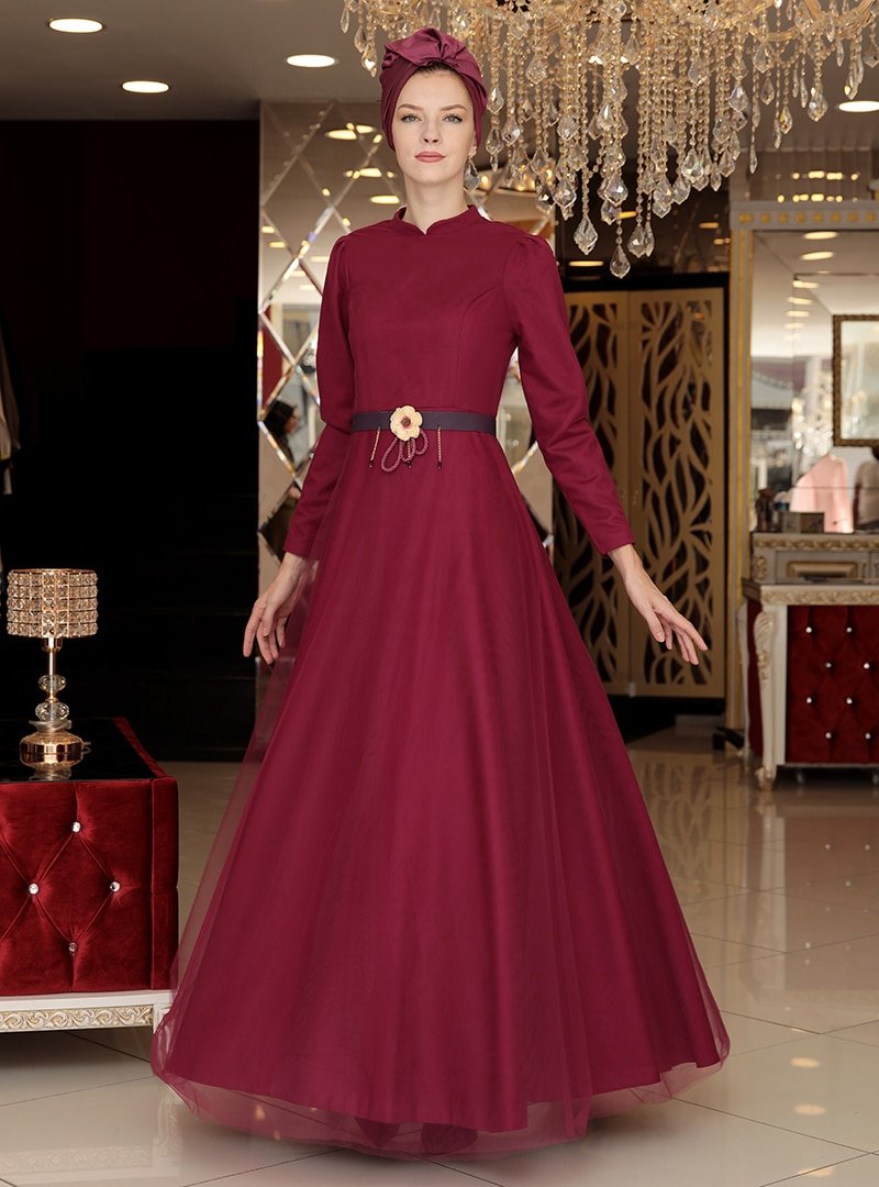 Selma Sarı Design Mürdüm Tül Detaylı Abiye Elbise