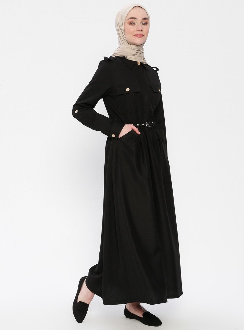 Panaline Siyah Kemerli Cep Detaylı Elbise