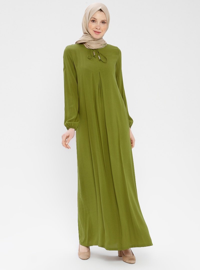 Ginezza Yağ Yeşili Yakası Bağcıklı Elbise