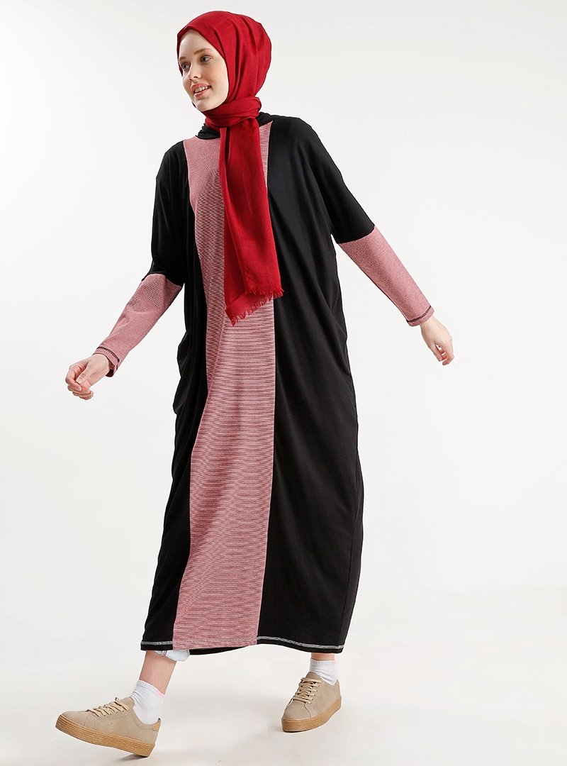 PLİSTRE Kırmızı Siyah Salaş Elbise