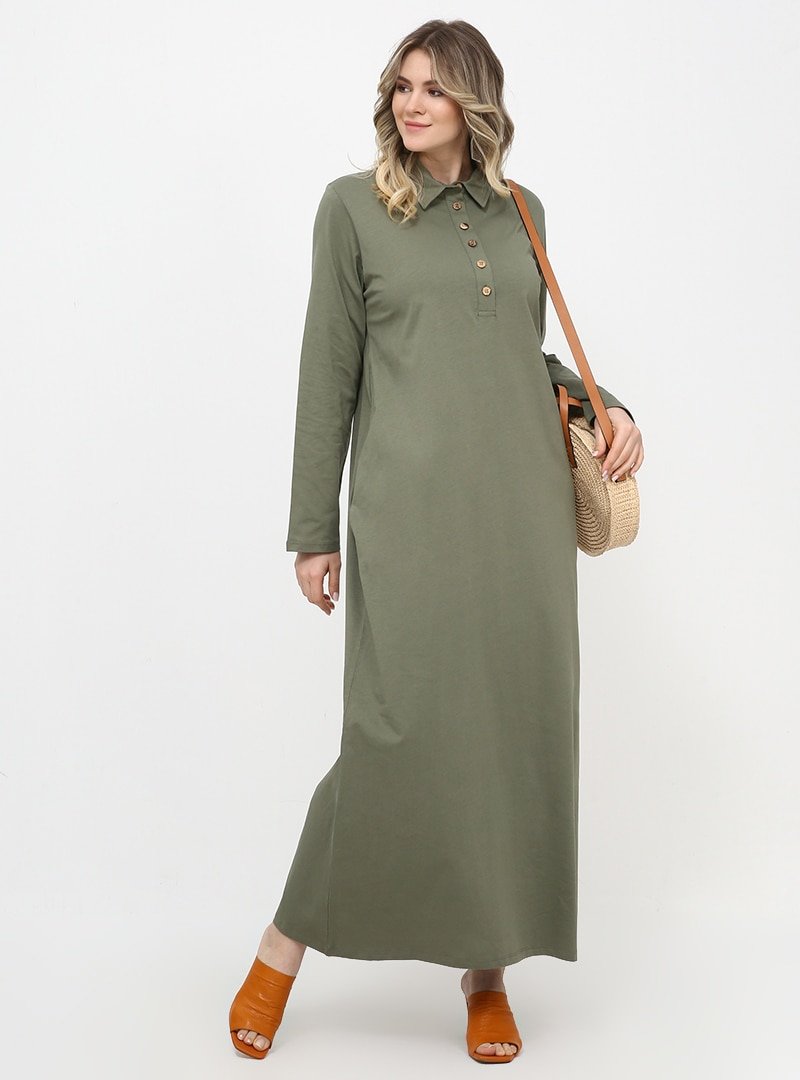 Alia Soft Haki Doğal Kumaşlı Yakası Düğmeli Elbise