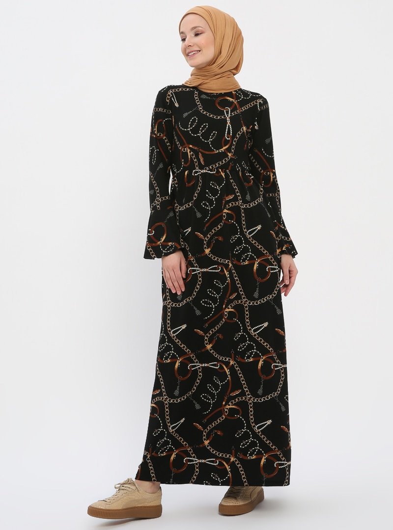 İLMEK TRİKO Siyah Zincir Desenli Elbise