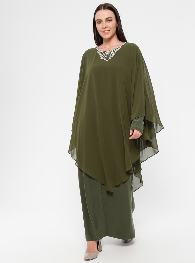 Simetrik Moda Haki Şifon Detaylı Abiye Elbise