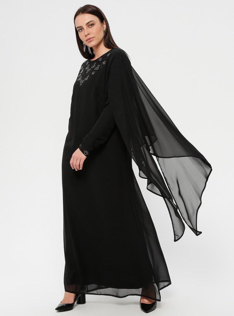 Simetrik Moda Siyah Şifon Detaylı Abiye Elbise