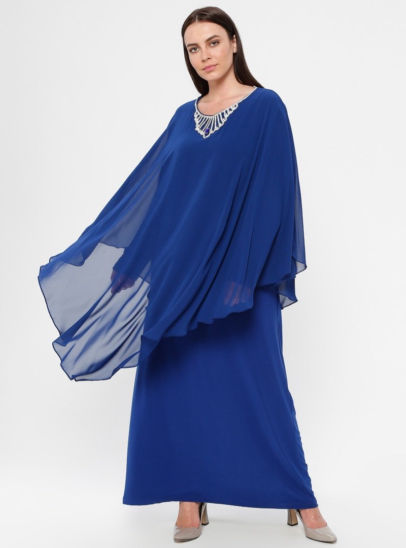 Simetrik Moda Saks Şifon Detaylı Abiye Elbise